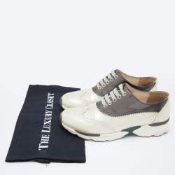 Pre Owned Chanel Cream/Grey Patent Leather CC Oxford Sneakers Size 37.5