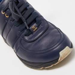 Pre Owned Chanel Navy Blue Satin And Leather CC Low Top Sneakers Size 37.5