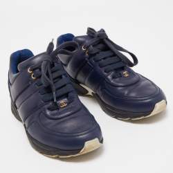 Pre Owned Chanel Navy Blue Satin And Leather CC Low Top Sneakers Size 37.5