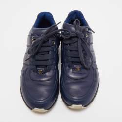 Pre Owned Chanel Navy Blue Satin And Leather CC Low Top Sneakers Size 37.5