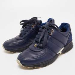 Pre Owned Chanel Navy Blue Satin And Leather CC Low Top Sneakers Size 37.5