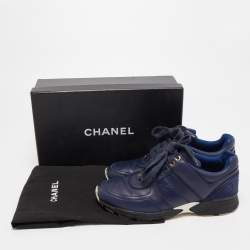 Pre Owned Chanel Navy Blue Satin And Leather CC Low Top Sneakers Size 37.5