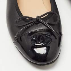 Chanel Black Leather and Patent Cap Toe CC Bow Ballet Flats Size 37