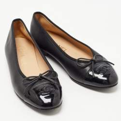 Chanel Black Leather and Patent Cap Toe CC Bow Ballet Flats Size 37