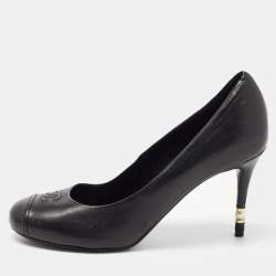Pre Owned Chanel Black Leather CC Faux Pearl Heel Pumps Size 37.5
