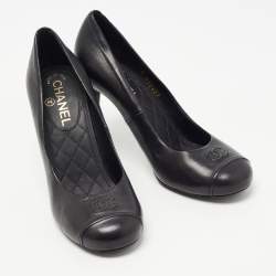 Pre Owned Chanel Black Leather CC Faux Pearl Heel Pumps Size 37.5