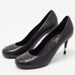 Pre Owned Chanel Black Leather CC Faux Pearl Heel Pumps Size 37.5