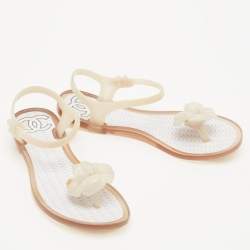 Pre Owned Chanel White Jelly CC Camellia Thong Flat Sandals Size 37