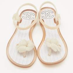 Pre Owned Chanel White Jelly CC Camellia Thong Flat Sandals Size 37