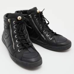 Pre Owned  Chanel Black Leather CC Double Zip Accent High Top Sneakers Size 40