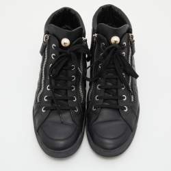 Pre Owned  Chanel Black Leather CC Double Zip Accent High Top Sneakers Size 40