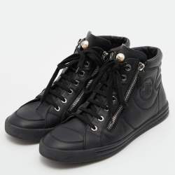 Pre Owned  Chanel Black Leather CC Double Zip Accent High Top Sneakers Size 40