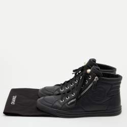 Pre Owned  Chanel Black Leather CC Double Zip Accent High Top Sneakers Size 40