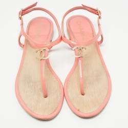 Chanel Pink Patent CC Slingback Thong Sandals Size 37.5