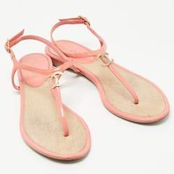 Chanel Pink Patent CC Slingback Thong Sandals Size 37.5