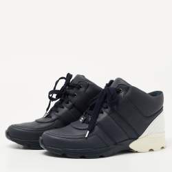 Pre Owned Chanel Navy Blue/White Leather CC High Top Sneakers Size 40