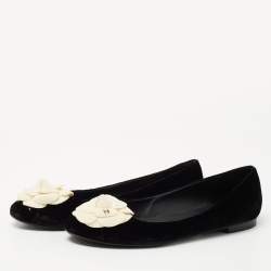 Pre Owned Chanel Black/White Velvet Camelia Ballet Flats Size 39.5