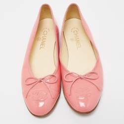 Pre Owned Chanel Pink Patent Leather CC Cap Toe Bow Ballet Flats Size 38.5
