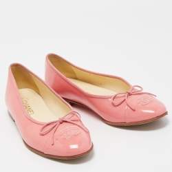 Pre Owned Chanel Pink Patent Leather CC Cap Toe Bow Ballet Flats Size 38.5