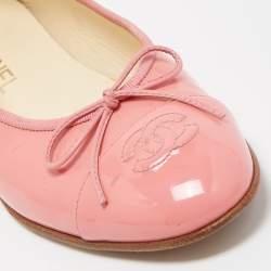 Pre Owned Chanel Pink Patent Leather CC Cap Toe Bow Ballet Flats Size 38.5