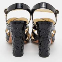 Chanel Black Patent Leather CC Floral Block Heel Strappy Sandals Size 36