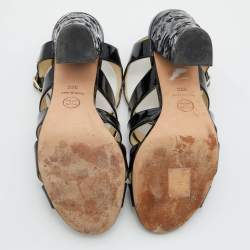 Chanel Black Patent Leather CC Floral Block Heel Strappy Sandals Size 36