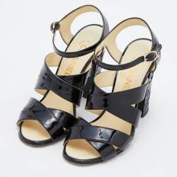 Chanel Black Patent Leather CC Floral Block Heel Strappy Sandals Size 36