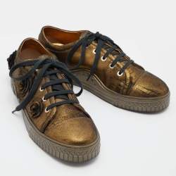 Pre Owned Chanel Metallic Suede Camellia Low-Top Sneakers Size 37