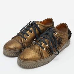 Pre Owned Chanel Metallic Suede Camellia Low-Top Sneakers Size 37