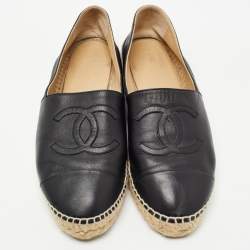 Chanel Black Leather CC Espadrille Flats Size 42