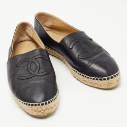 Chanel Black Leather CC Espadrille Flats Size 42