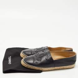 Chanel Black Leather CC Espadrille Flats Size 42