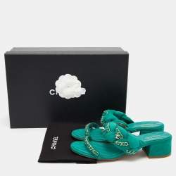 Chanel Green Suede Chain Embellished Flat Slide Sandals Size 38.5