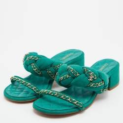 Chanel Green Suede Chain Embellished Flat Slide Sandals Size 38.5