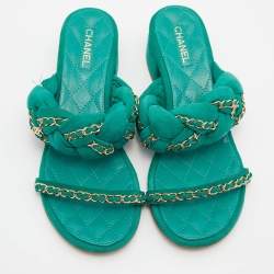 Chanel Green Suede Chain Embellished Flat Slide Sandals Size 38.5
