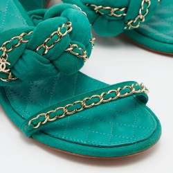 Chanel Green Suede Chain Embellished Flat Slide Sandals Size 38.5