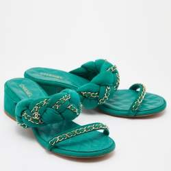 Chanel Green Suede Chain Embellished Flat Slide Sandals Size 38.5