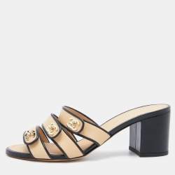 Chanel Beige/Black CC Turn Lock Block Heel Sandals Size 38.5 Chanel