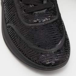 Pre Owned Chanel Black Sequins and Leather CC Low Top Sneakers Size 39
