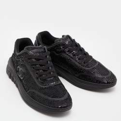 Pre Owned Chanel Black Sequins and Leather CC Low Top Sneakers Size 39
