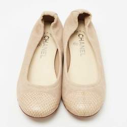 Chanel Beige Canvas and Python CC Cap Toe Ballet Flats Size 37
