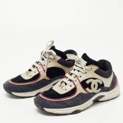 Pre Owned Chanel Tricolor Suede, Leather and Velvet CC Low Top Sneakers Size 38