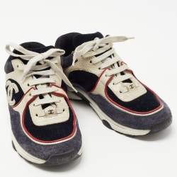Pre Owned Chanel Tricolor Suede, Leather and Velvet CC Low Top Sneakers Size 38