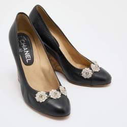 Pre Owned Chanel Black Leather CC Cap Toe Wedge Pumps Size 36.5