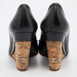 Pre Owned Chanel Black Leather CC Cap Toe Wedge Pumps Size 36.5