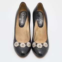 Pre Owned Chanel Black Leather CC Cap Toe Wedge Pumps Size 36.5