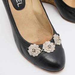 Pre Owned Chanel Black Leather CC Cap Toe Wedge Pumps Size 36.5