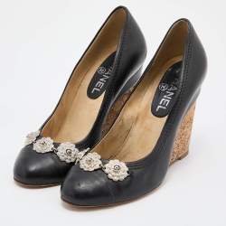 Pre Owned Chanel Black Leather CC Cap Toe Wedge Pumps Size 36.5