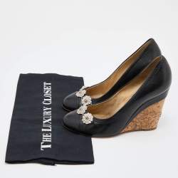 Pre Owned Chanel Black Leather CC Cap Toe Wedge Pumps Size 36.5