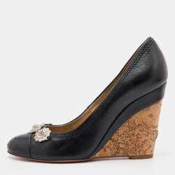 Pre Owned Chanel Black Leather CC Cap Toe Wedge Pumps Size 36.5